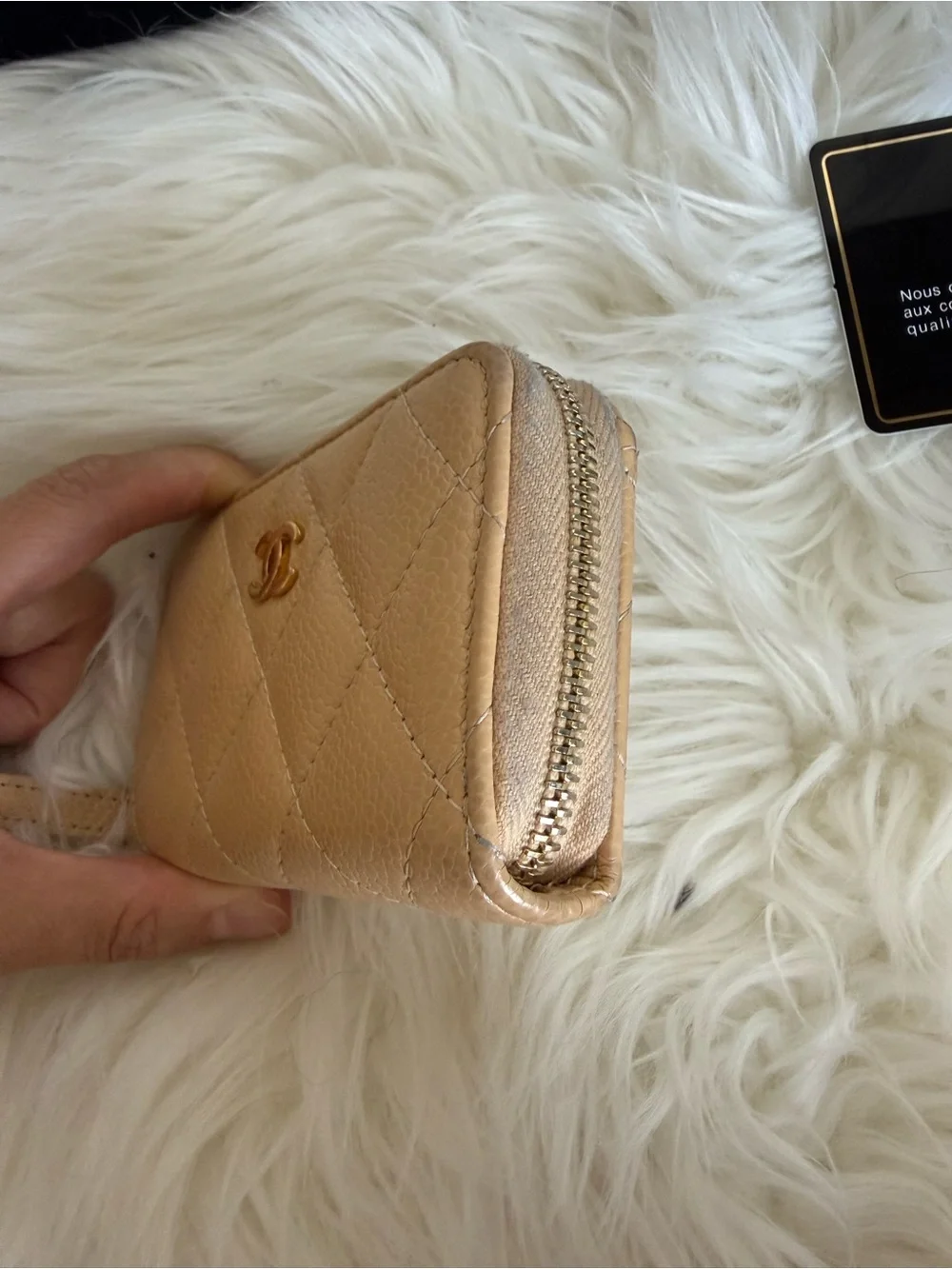 CHANEL Quilted Card Zip Wallet — Beige with Gold CC